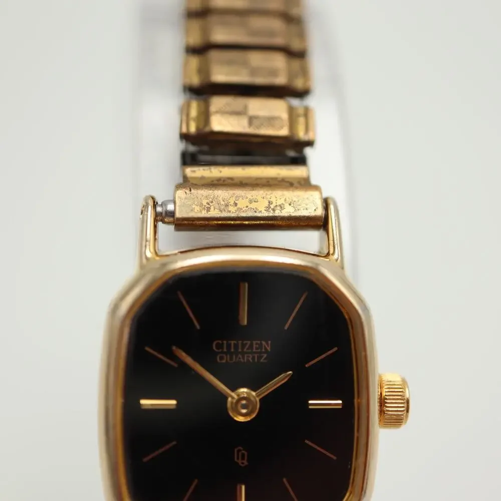 Vintage Citizen Black Gold Tone 17mm Petite Watch Metal Stretch Band New Battery